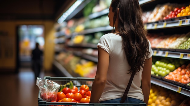 トマトのバスケットを持った食料品店で買い物をする女性