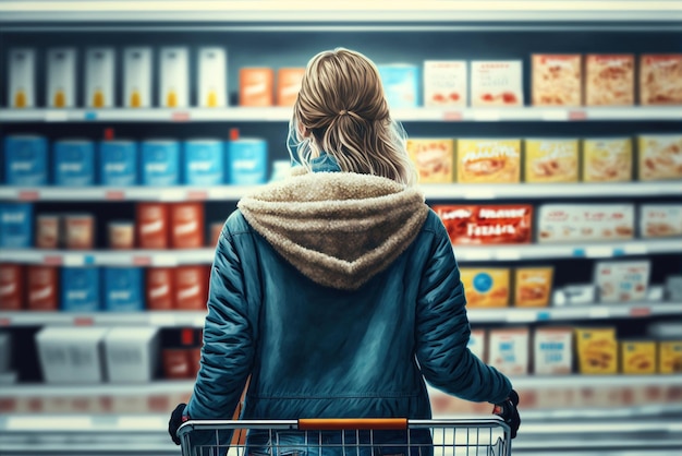 A woman shopping in a grocery store with a cart full of food.