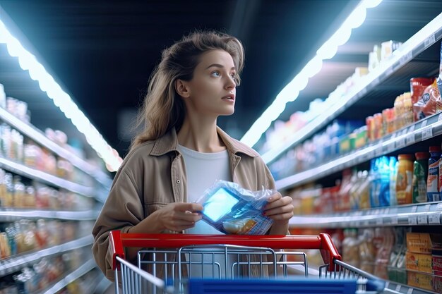 Woman shopping at the grocery store with a shopping cart young caucasian woman customer with shopping cart in grocery or supermarket store with sale and discount brand products