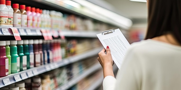 Foto una donna che fa acquisti in un negozio di alimentari con una lista della spesa fotografia a sfondo bianco puro