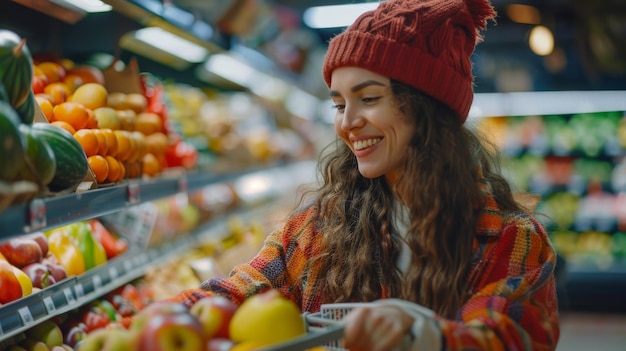 Foto una donna che fa la spesa in un negozio di alimentari con un cartello che dice che sta facendo la spesa