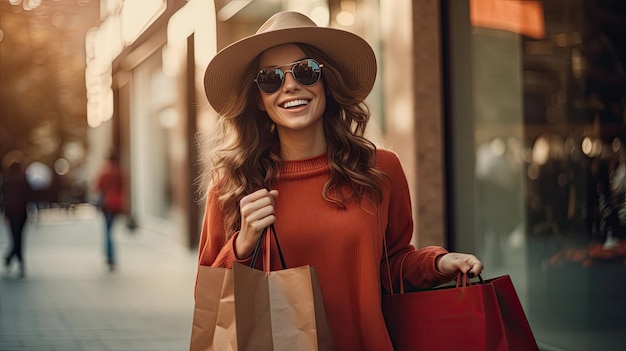 Женщина в шопинге Счастливая женщина с сумками для покупок наслаждается покупками Концепция потребительского образа жизни