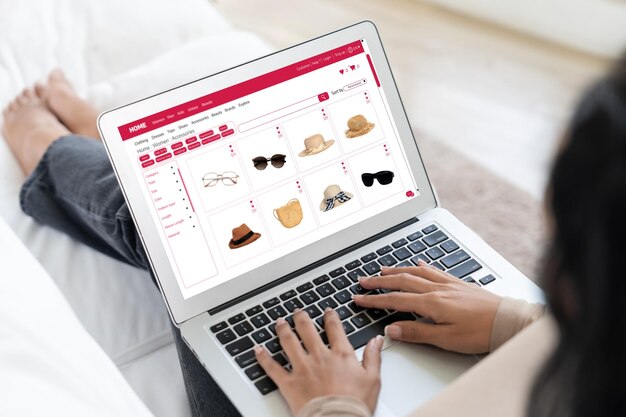 Woman shopping online on internet marketplace browsing for sale items for modern lifestyle and use credit card for online payment from wallet protected by crucial cyber security software