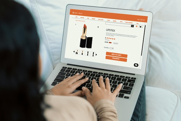 Woman shopping online on internet marketplace browsing for sale items for modern lifestyle and use credit card for online payment from wallet protected by crucial cyber security software