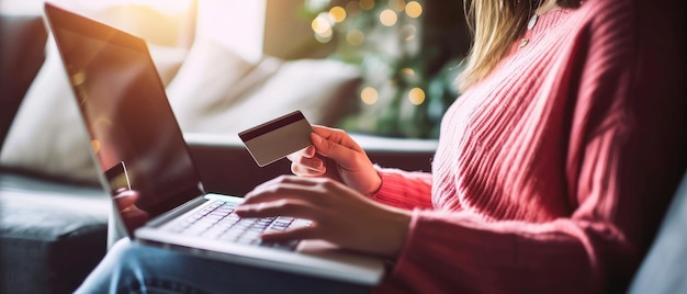 Photo woman shopping online with credit card at home