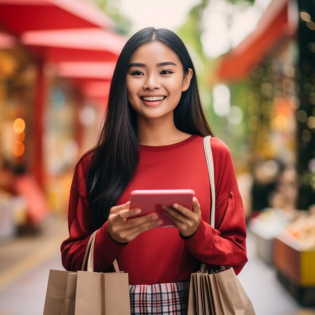 女性が携帯電話でオンラインで買い物をしている