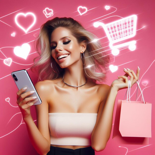 Женщина покупает онлайн с помощью мобильного телефона