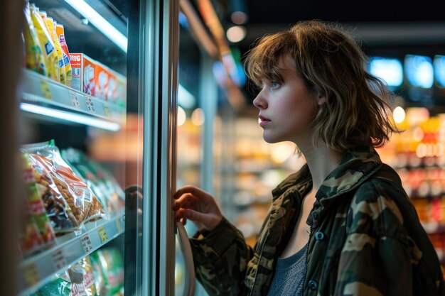 Woman shopping opening refrigerator in frozen food section