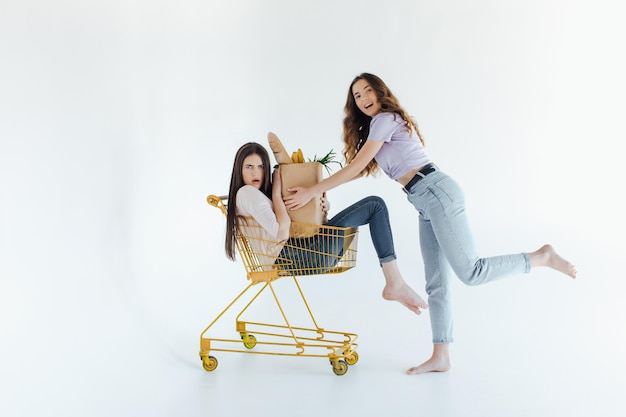 woman in shopping trolley