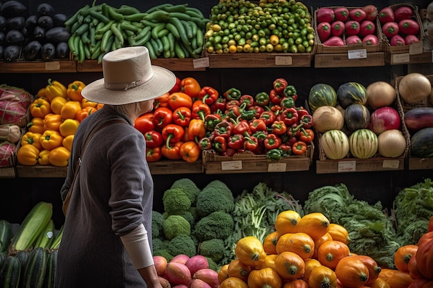 A woman shopping for vegetables in a grocery store