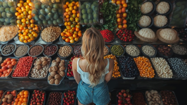 Woman Shopping at a Vibrantly Colored Fruit and Nut Market