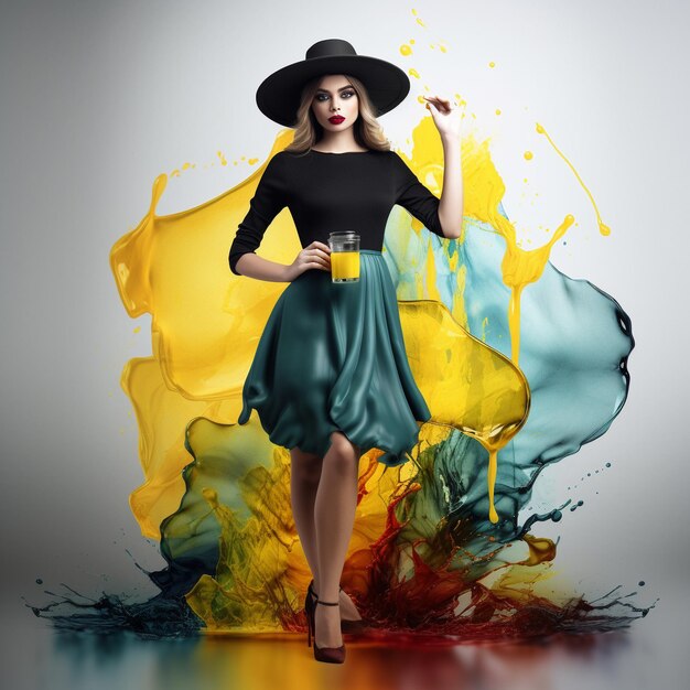 Foto donna in un abito corto con sfumature colorate cappello fedora fotografia di moda sommaria