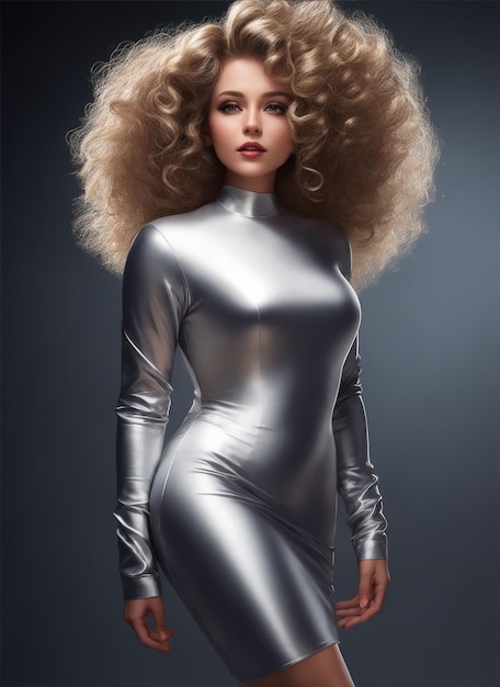 Photo woman in a short fashionable silver dress with long dress like a barbie doll model