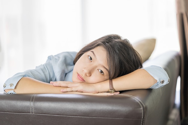 Woman short hair relaxation in living room