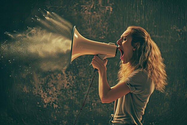 Photo woman shouting in megaphone near computer contemporary social media harassment