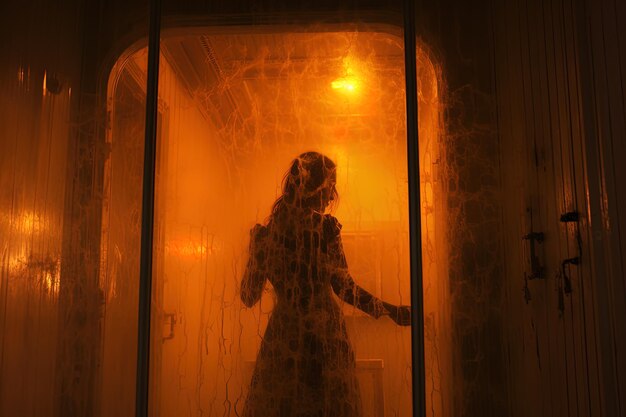 a woman in a shower with a reflection of a woman in a glass door