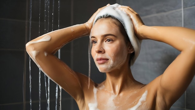 Woman showering with soap on the body and head hygiene and skin care concept