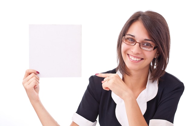 Woman showing a blank board