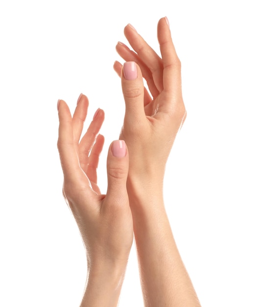 Woman showing hands on white background closeup