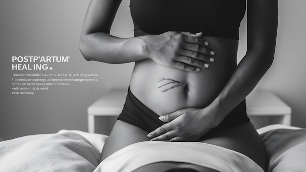 Photo woman showing on her belly dark scar from a cesarean section healthcare concept