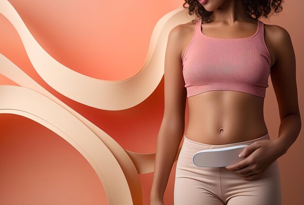 woman showing her stomach after being in and tank top in the style of light beige and pink