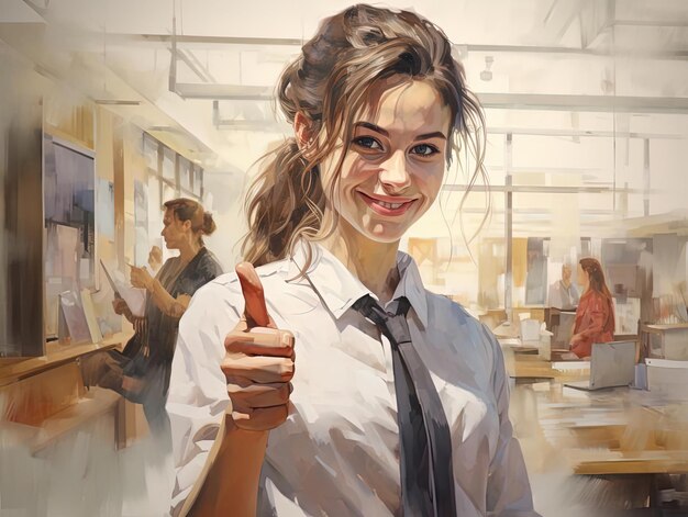 Photo a woman showing her thumb up sign in a office in the style of softfocused realism