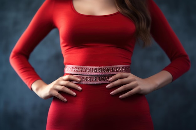 A woman showing her waist and standing in front of a wall