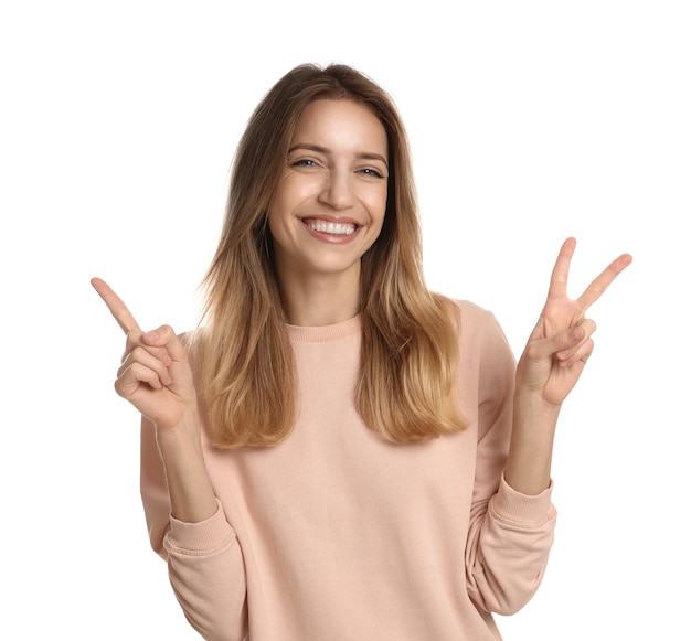 Woman showing number three with her hands on white background