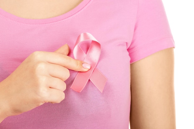 Woman showing pink ribbon on white background breast cancer awareness concept