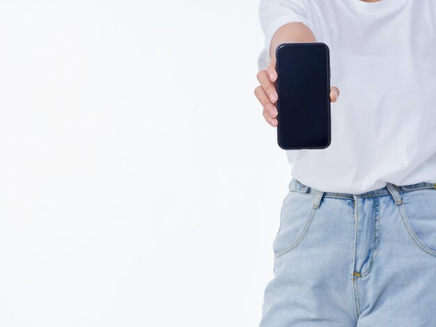 Photo woman showing smartphone closeup