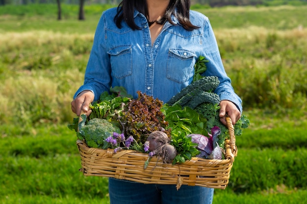 женщина показывает овощи в корзине