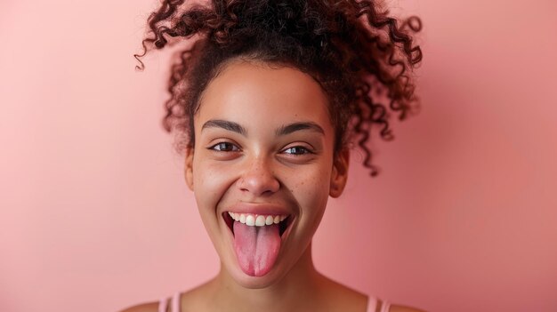 A woman shows her tongue on isolated pink background