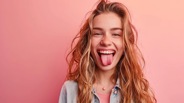 A woman shows her tongue on isolated pink background