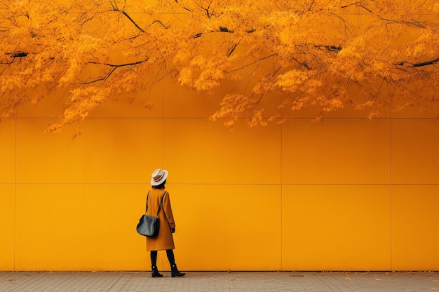 Woman on the sidewalk admiring beautiful golden tree Created with Generative AI technology