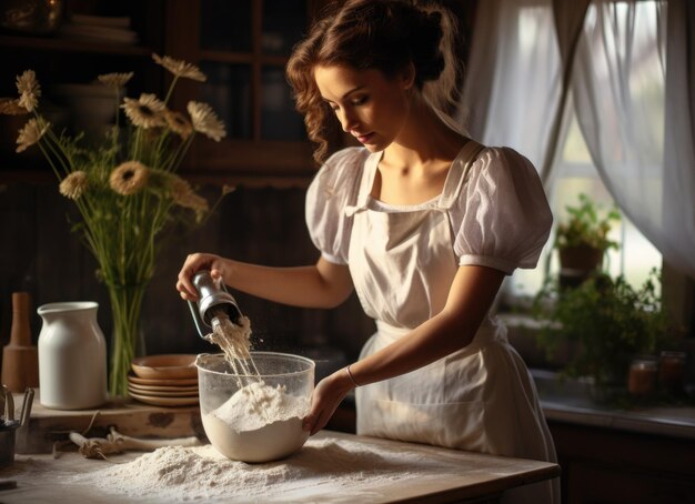 Woman Sifting Flour for Baking in Rustic Kitchen