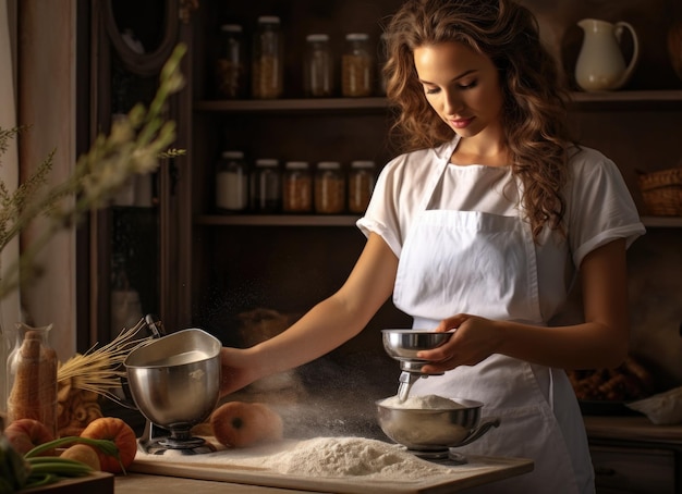 Foto donna che setaccia la farina per la cottura in una cucina rustica