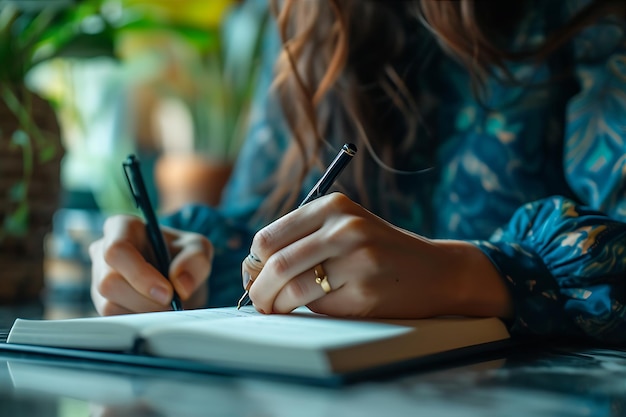 Photo woman signing in journal with a pen at desk in the office