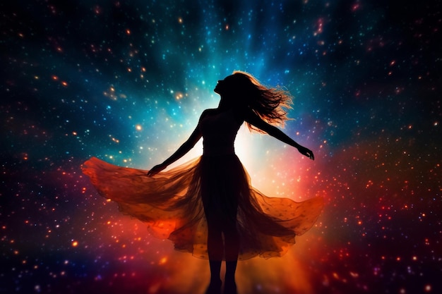 Силуэт женщины танцует в ночь на ярком галактическом фоне Млечного Пути