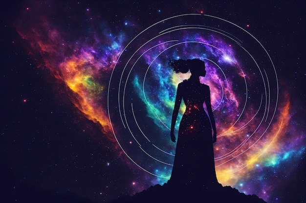 A woman silhouette in a galaxy with the words'the universe'on it