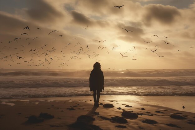 Photo woman silhouette standing on windswept beach generative ai