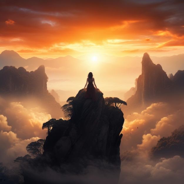 Woman Silhouette Watching Sunset on Top of a Mountain Rock Amidst Soft Mist