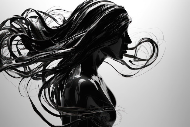 Woman silhouette with chaotic abstract hair lines generative ai