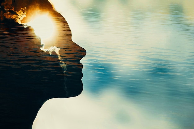 Photo woman silhouette with sun in head with copy space. multiple exposure image.