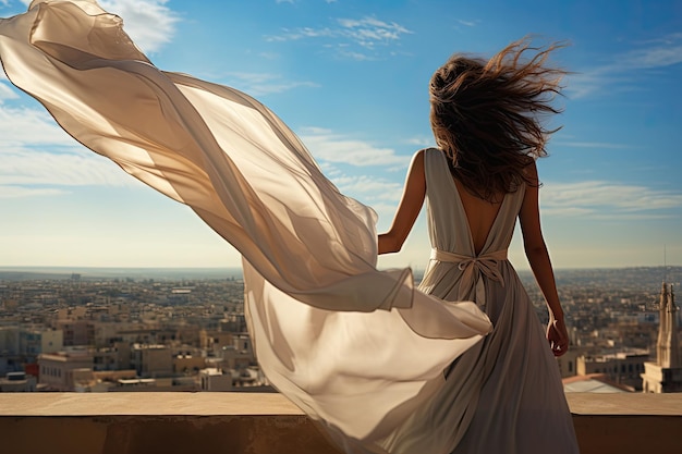 Woman in silk dress evolved on wind City on background