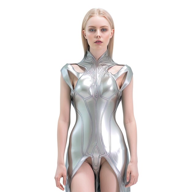 Photo a woman in a silver costume is standing in front of a white background