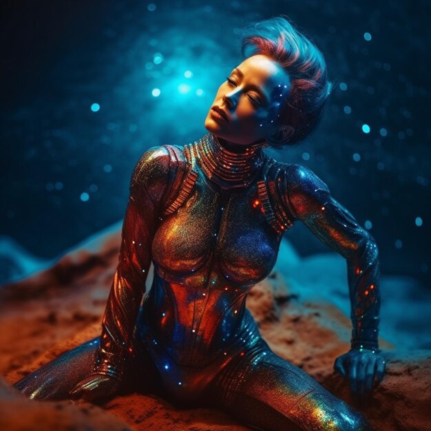 A woman in a silver costume sits on a red sand with blue lights in the background.