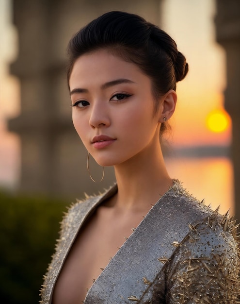 A woman in a silver dress with spikes on her head stands in front of a sunset