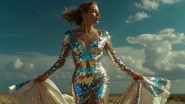 a woman in a silver dress with the words fashion on the bottom