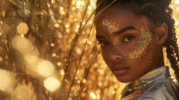 Woman in a silver outfit on a background of gold