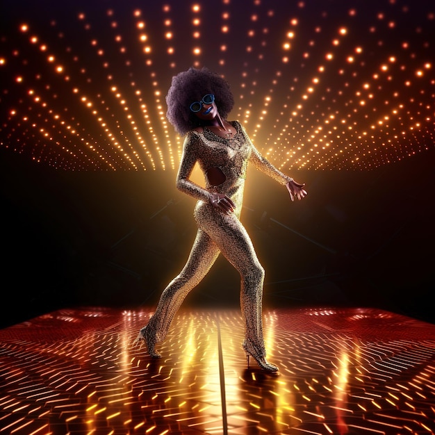 A woman in a silver outfit is dancing on a stage